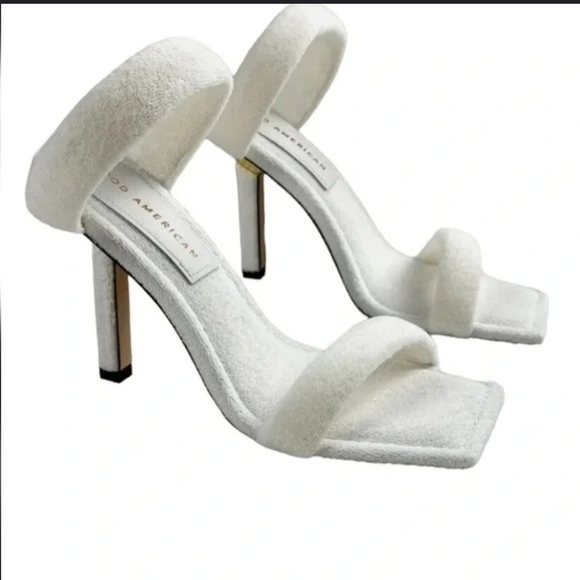 Good American Shoes - Good american white terry cloth double straps square heel square toe sandals 8